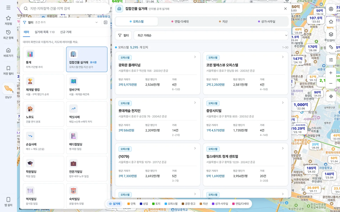 집합건물 실거래 패널 — 오피스텔·연립다세대·지식산업센터·상가 4개 탭
