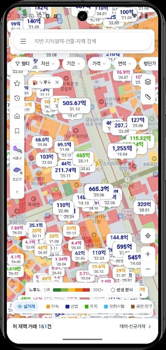 갈타맵 모바일 앱 화면 — 노후도 테마가 켜진 지도